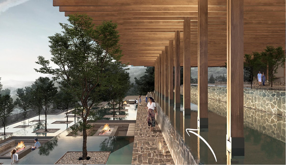 Beach club pavilion over still water gardens with stone, timber and evening light