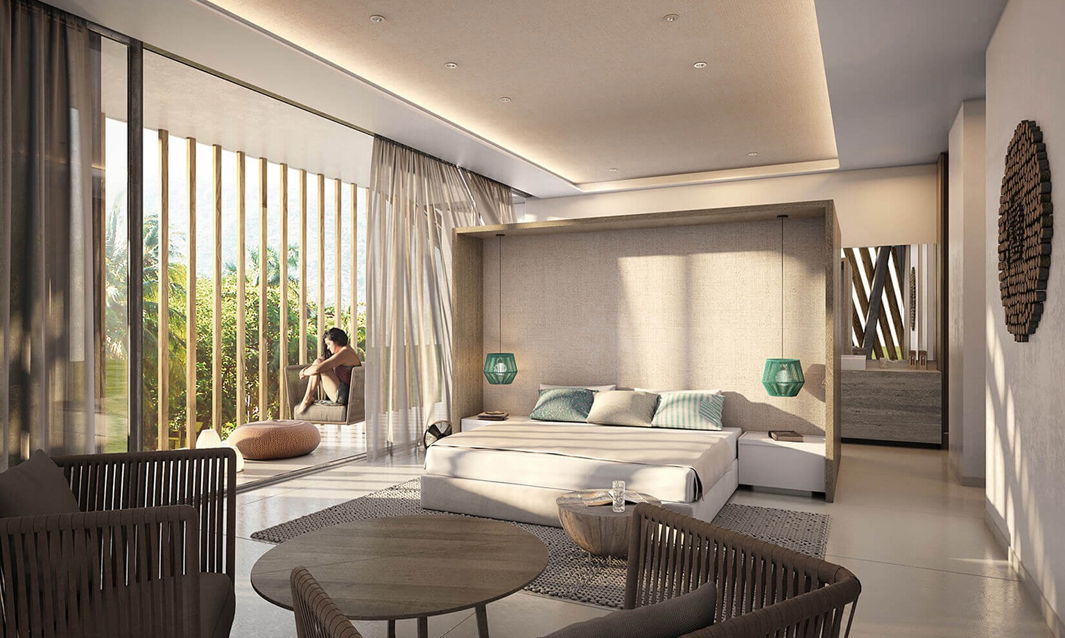 Ocean Suite interior with warm woods, slatted screens and a private terrace opening to the garden
