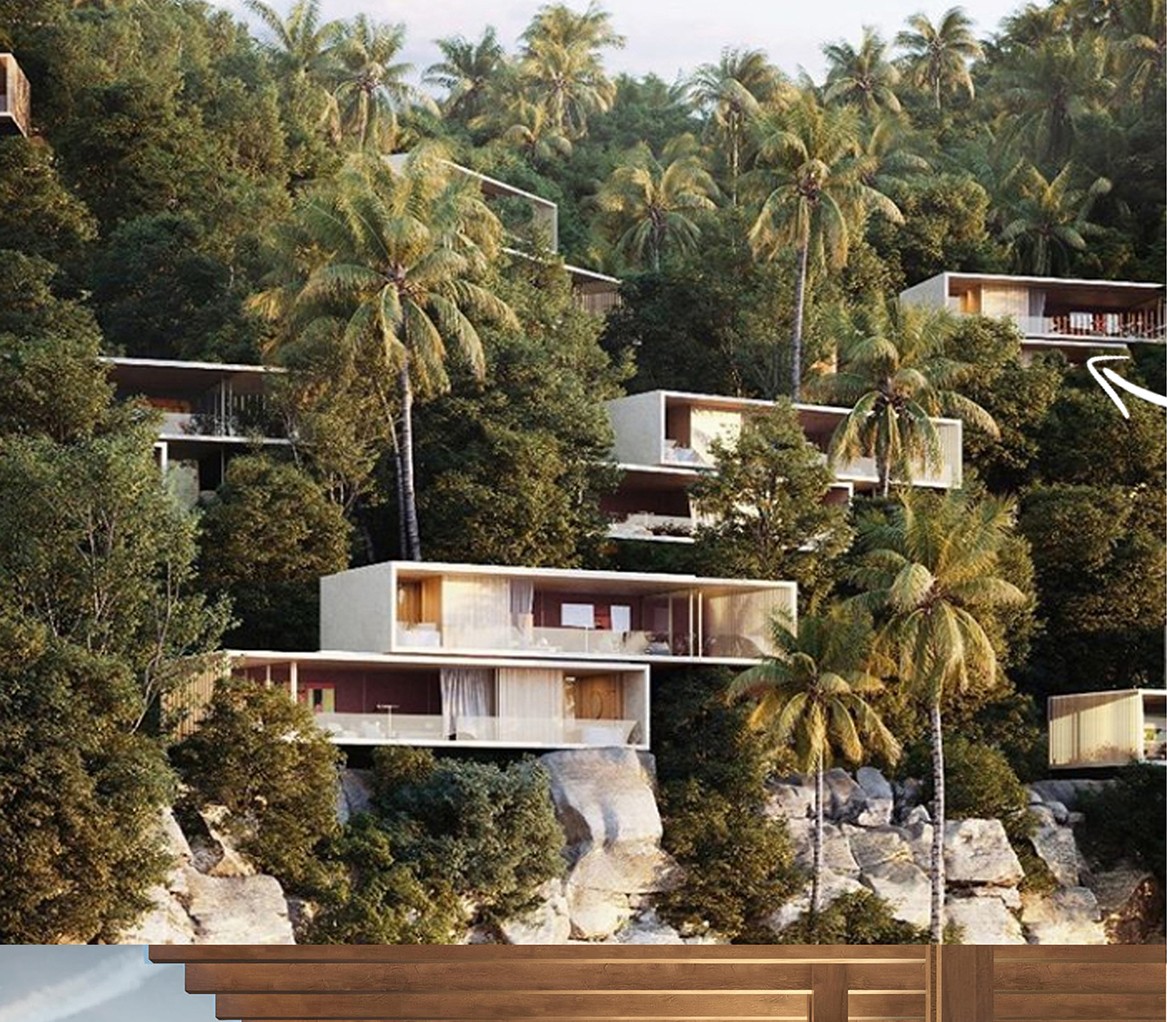 Aerial view of contemporary villas nestled among palms on a jungle hillside